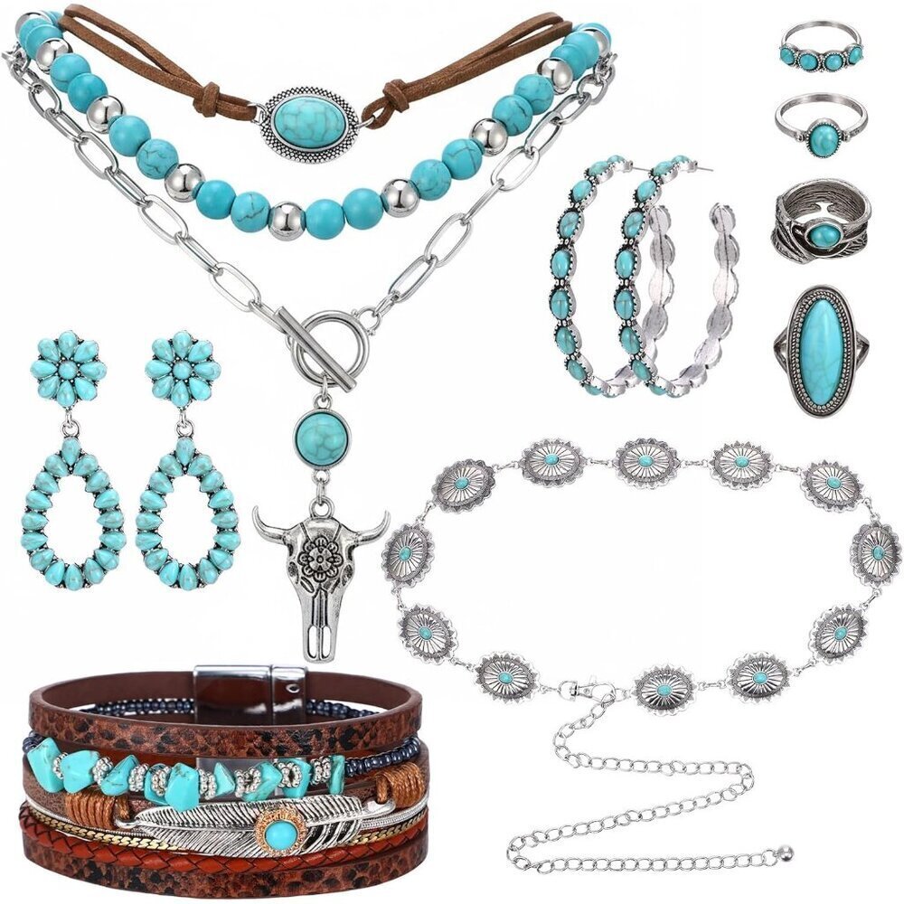 Jewelry Set Women Turquoise Faux Leather Dangle Earrings Necklace Belt